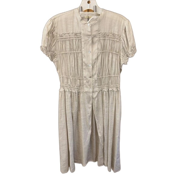 Max Studio Linen Ramie Blend Tunic top M Short Sleeve Smocked Button Khaki Brown - Picture 14 of 16